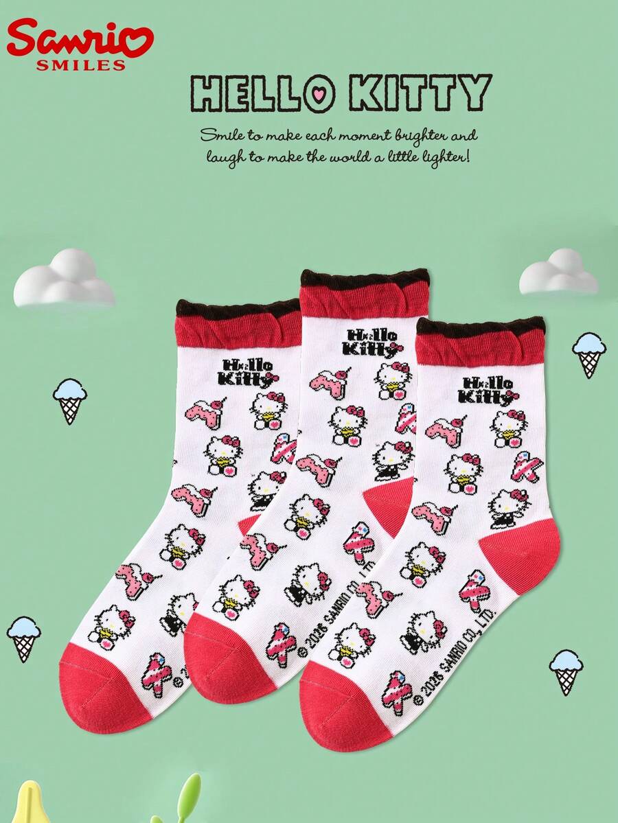 SANRIO 1雙/3雙 女款正版授權 Hello Kitty 紅白對比荷葉邊中筒襪,滿版提花,不易開裂,復古學院風,青春風格中筒襪,適合四季穿著,最佳好友生日禮物、節日週年禮物、聖誕節、新年假期、派對伴手禮 - 白色 - 查看 1