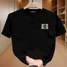 1 pieza Playera De Hombre.manga corta 100% algodón puro, cuello redondo casual con estampado, manga corta transpirable para uso diario, con impresión de la letra R masculina. - Negro - Ver 2