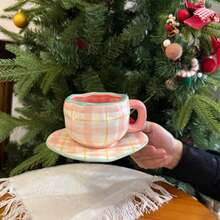 Ins European Minimalist Hand-Molded Asymmetrical Ceramic Mug, Handmade High Aesthetic Tea Cup And Coffee Cup & Saucer, Suitable For Home, Restaurant, Cafe - Multi-Purpose, Heat-Retaining, Perfect For Parties And Gifts - Pink Striped Cup and Saucer - View 8