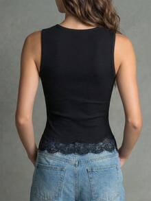 1件女款針織無袖背心上衣，蕾絲飾邊不對稱下擺，修身圓領短版休閒夏季黑色上衣 - 黑色 - 查看 7