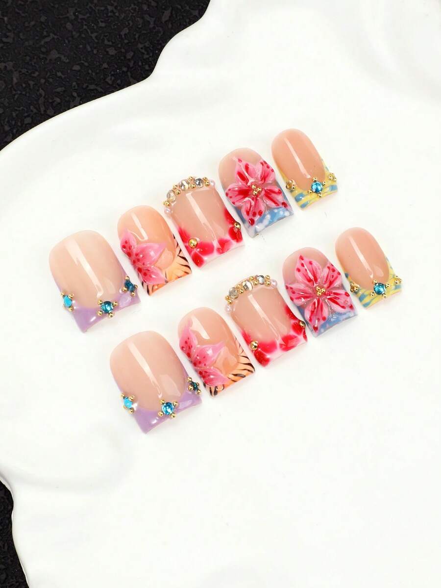 10pcs Handmade Acrylic Press-On Nails, French Short Square Shape, 3D Hand-Painted Floral, Colorful Rhinestone & Stripe/Tiger Print Design, Y2K Style, Multi-Layer Gel Fake Nails, Reusable Removable Adhesive Manicure, With Nail Tool Set - Multicolor - View 1