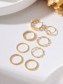 8pcs/Set Textured Thin Ring Stacking Rings, Minimalist Versatile Casual Commute Style For Summer - Yellow Gold - View 2
