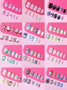 SANRIO 三麗鷗 Hello Kitty 288片/組 (12款混搭) 短方型法式穿戴式美甲貼，可愛3D Hello Kitty、酷洛米、大耳狗、布丁狗圖案設計，完美貼合壓克力假指甲組，適合女孩日常與派對美甲使用 - 彩色 - 查看 2