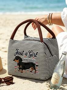 Dachshund Lover Exclusive Printed Striped Tote Bag, Soft Girly Style Daily Handbag; Durable And Wear-Resistant, Ideal For Carrying Essentials; Simple Handle Design, Easy To Carry; Fresh Stripes Paired With Cute Dachshund Pattern And Heart Paw Prints, Showcasing Playful Charm. - Multicolor - View 3