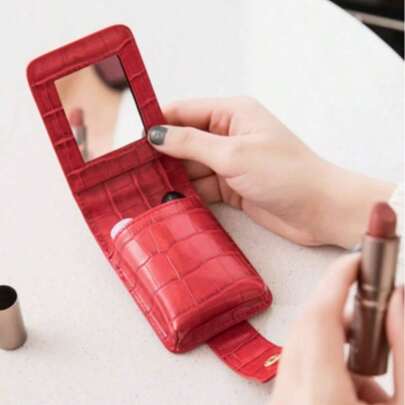 Premium PU Mini Lipstick Bag With Compact Mirror Design, Cosmetic Storage Box For Daily Touch-Ups