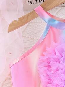 2pcs/Set Summer Girls Tie-Dye Gradient Handmade Flower Decor Camisole Top And Pleated Long Pants Outfit - Pink - View 5