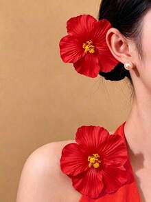 2件組女款紅色扶桑花熱帶花卉髮夾，適合夏季海灘度假旅行、日常與假日派對的髮飾 - 紅色 - 查看 6