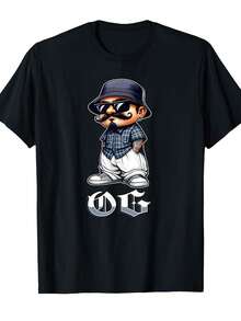 Camiseta Gráfica Latino para Hombre con Diseño de Tatuaje  OG Homie Lowrider |   Ropa Urbana Mexicana-Americana Vintage con Estampado de Sombrero y Letras OG, Camiseta Casual de Manga - Negro - Ver 1