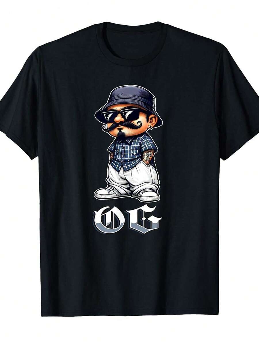 Camiseta Gráfica Latino para Hombre con Diseño de Tatuaje OG Homie Lowrider | Ropa Urbana Mexicana-Americana Vintage con Estampado de Sombrero y Letras OG, Camiseta Casual de Manga - Negro - Ver 1