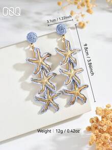OOQ 1 Pair Summer Vacation Style Colorful Sea Star Metal Women's Earrings, Raffia Straw Woven Fashion Earrings, Summer Beach Holiday Gift For Friends And Family (Handmade Raffia Weaving, Random Direction And Shape) - Blue - View 2