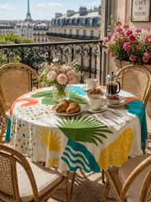 1pc-Boho Tropical Palm Leaf Round Polyester Tablecloth, Colorful Summer Geometric Print Table Cover, Wrinkle Resistant Wavy Edge Tablecloth For Outdoor Patio, Garden, Poolside, Backyard BBQ, Kitchen Dining Home Decor - Multicolor - View 18