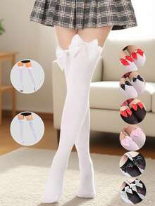 1 Pair Women's Cute Multi-Color Bow Knee-High Socks, Thigh-High Socks, Bow Design, Solid Color Knee-High Socks, Suitable For K-Uniform, Daily Wear, Multiple Colors Available, One Size Fits All - Multicolor - View 1
