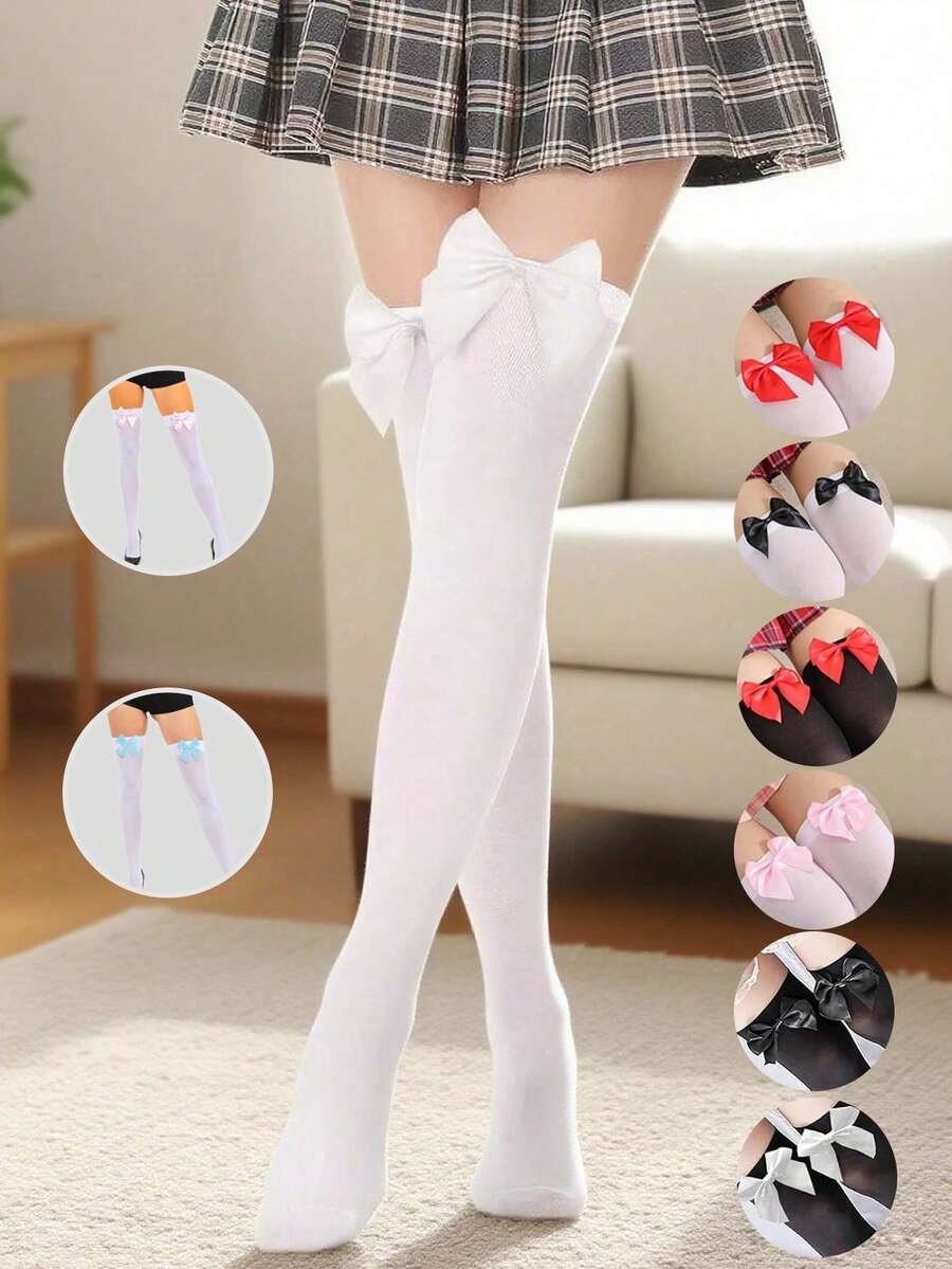 1 Pair Women's Cute Multi-Color Bow Knee-High Socks, Thigh-High Socks, Bow Design, Solid Color Knee-High Socks, Suitable For K-Uniform, Daily Wear, Multiple Colors Available, One Size Fits All - Multicolor - View 1