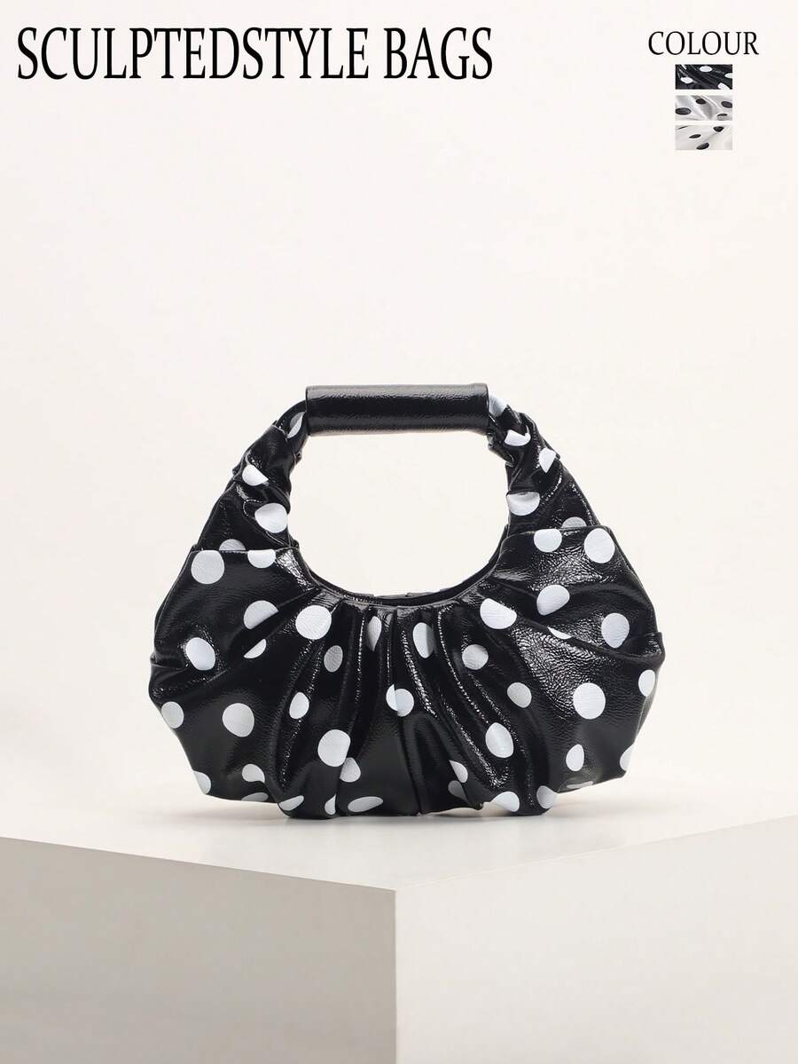 SCULPTEDSTYLE BAGS 1件裝 黑白配色波點印花雲朵包 時尚褶皺設計抓皺包 極簡拼接優雅女款手提包 適合日常通勤、購物、約會、下午茶 - 黑色 - 查看 1