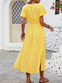 Floral Dress With Butterfly Sleeves And Leg Slit - Black - View 7