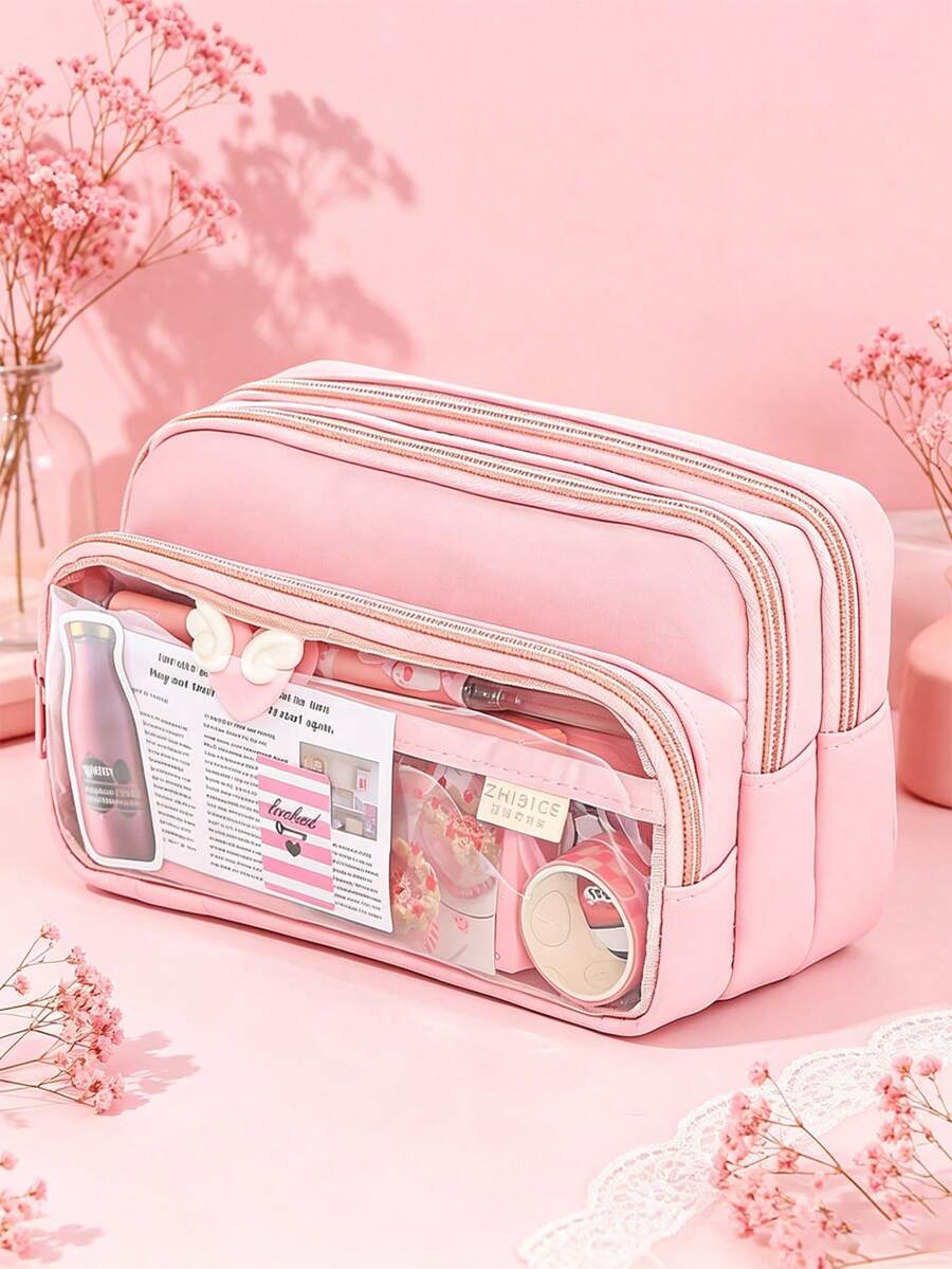 1pc Light Blue Large Capacity Pencil Case, Transparent Multi-Layer Pen Bag, Aesthetic Stationery Organizer For School Students, B, First Day Of School - Multicolor - View 1