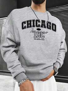 Sudadera de cuello redondo con gráfico de letras estilo retro americano para hombres, estampado de la letra Chicago, ropa casual de calle, otoño/invierno, parte superior de manga larga - Burdeos - Ver 1