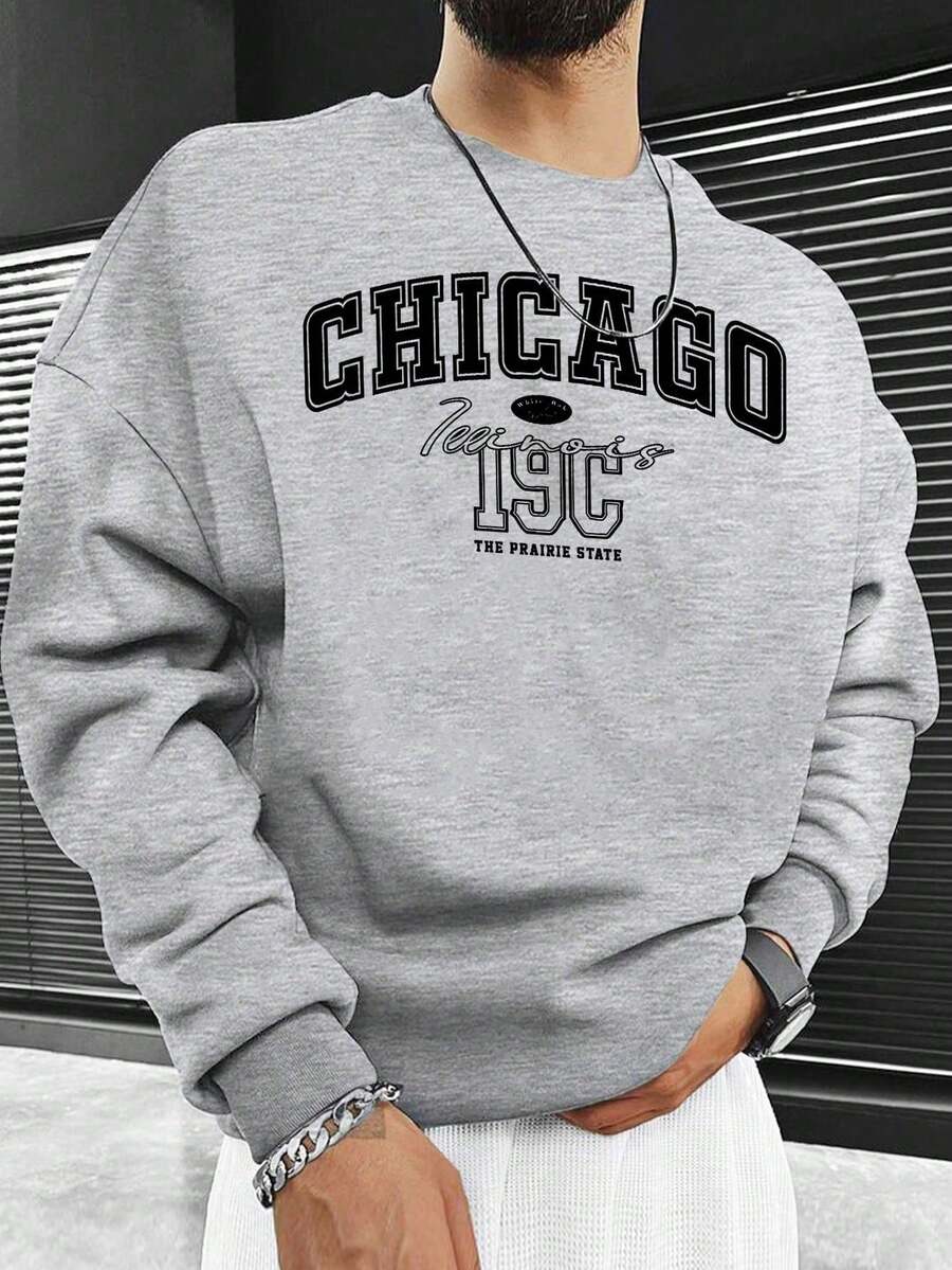 Sudadera de cuello redondo con gráfico de letras estilo retro americano para hombres, estampado de la letra Chicago, ropa casual de calle, otoño/invierno, parte superior de manga larga - Burdeos - Ver 1