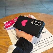 Cute 3D Heart Black Phone Case With Rabbit Shaped Bead Chain, Compatible With Samsung Galaxy Z Fold 8 Ultra Z Fold7 ZFold 5 Zfold6, Shockproof Back Cover - Black - View 7