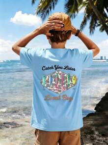 Tween Boy Casual Graphic Print Crew Neck Short Sleeve T-Shirt, Summer Top - Baby Blue - View 4