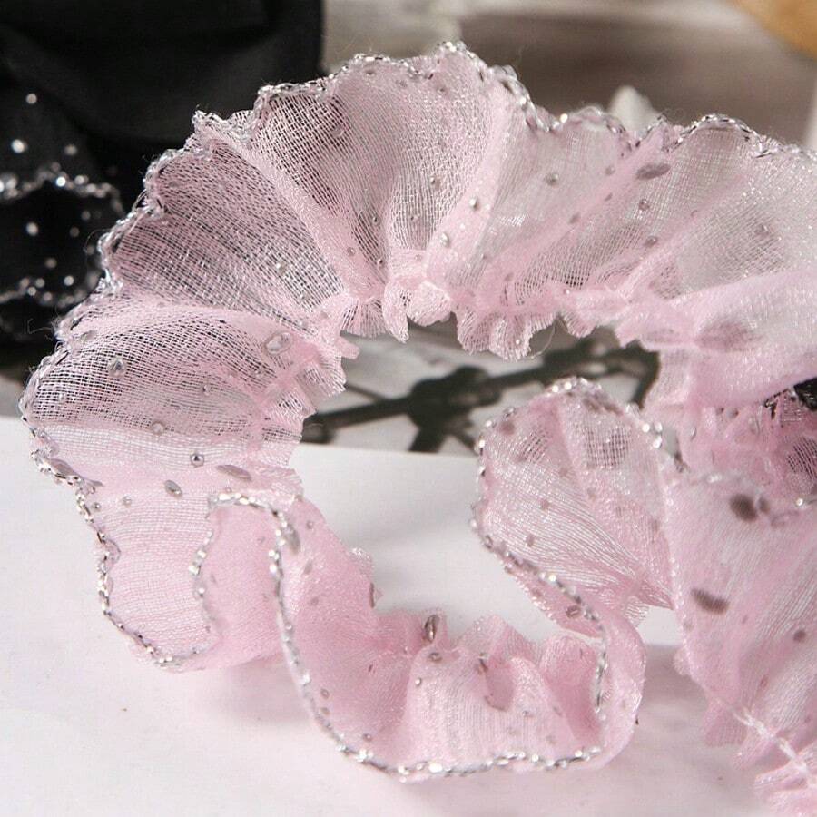 3 Yards Long 3cm Wide Chiffon Ruffle Wavy Lace Ribbon With Silver Trim, DIY Handmade Doll Dress Hem Decoration - 3 Yards Of Hot-stamped Silver Dot Lace Trim - View 1