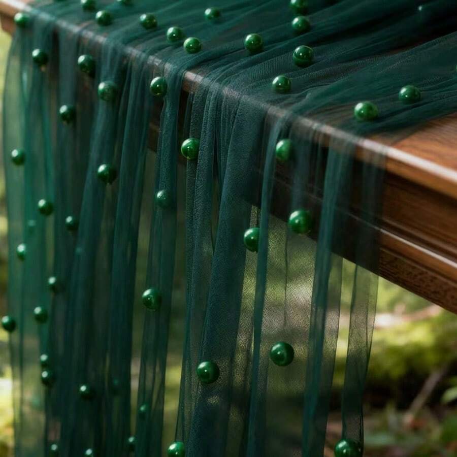 Pearl Table Runner 10ft,Table Cloth Tulle Table Cover,Pearl Table Runner For Wedding Party Baby Shower Birthday Home Decor - Dark Green - View 1
