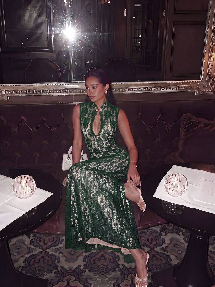 Solid Color Semi-High Neck Lace Trim High Waist Back Slit Evening Gown Vacation - Dark Green - View 1