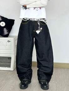 1 pieza Justice Brother Pantalones vaqueros de mezclilla negros con estampado dorado, moda callejera coreana, personalizados con lavado, pierna ancha y holgados, versátiles para todas las estaciones (excluyendo cinturón/accesorios) - Negro - Ver 6