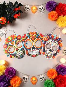 6pcs Mexican Day Of The Dead Sugar Skull Paper Mask, Vibrant Marigold Pattern Skull Cutouts,Party & Home Decor,Altar, Offering & Halloween Display,Mexican Day Of The Dead Altar Decor,Photo Props, May 5th Use,Party Backdrop - Multicolor - View 3