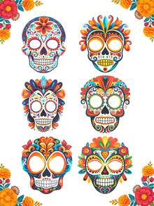 6pcs Mexican Day Of The Dead Sugar Skull Paper Mask, Vibrant Marigold Pattern Skull Cutouts,Party & Home Decor,Altar, Offering & Halloween Display,Mexican Day Of The Dead Altar Decor,Photo Props, May 5th Use,Party Backdrop - Multicolor - View 9