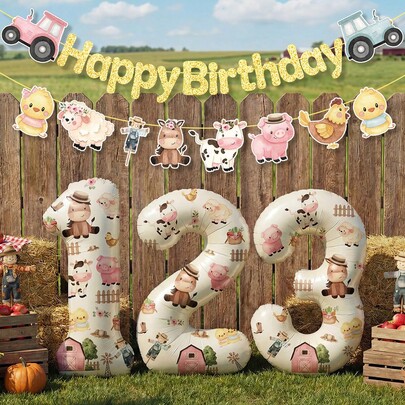 1セット 農場動物ステッカー 32インチ クリーム色数字ホイルバルーン付き、農場テーマの誕生日パーティー装飾、ベビーシャワー、パーティー用品 (自己接着ステッカー)
