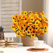 40pcs = 4 Bunches Sunflower Daisy Dual-Color Artificial Flowers, Indoor/Outdoor UV-Resistant Realistic Plastic Fake Flowers, Suitable For Wedding Balcony Patio Porch Garden Office Room Yard Decoration, Thanksgiving Autumn Decor - Yellow and Orange Bicolor - View 9
