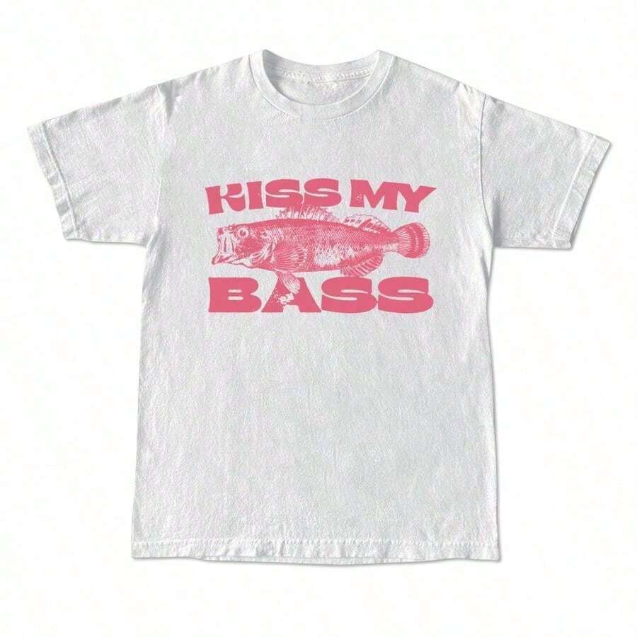 Kiss My Bass Vintage Style Fishing T-Shirt, Pink Graphic Tee, Limited Edition, Men's Clothing, Birthday Gifts For Men, HZVR Graphic Tees - 白色 - 查看 1