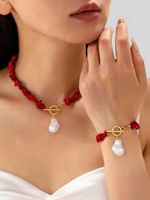2pcs New Chinese Style Bright Red Crushed Stone & Baroque Pearl Jewelry Set, Niche Design OT Clasp Necklace & Bracelet, Holiday Gift Jewelry Set - Red and White - View 2