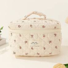 Tefola Neceser Floral De Algodn Bolsa De Maquillaje, Bolsa De Cosmticos Acolchada Con Asa De Gran Capacidad, Bolsa Organizadora De Maquillaje De Viaje Bolsa De Almacenamiento Multifuncin - Flor cuadrada - Ver 4