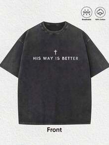 s Mejor', Acabado Vintage Desgastado, Estampado Minimalista de Cruz y Letras, Cuello Redondo, Manga Corta, Casual, para Hombre, Uso Diario en Iglesia, Regalo para Amigos y Familiares, Pascua - Negro - Ver 1