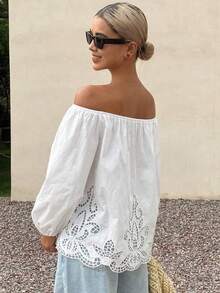 Blusa holgada de mujer con hombros descubiertos, manga larga, bordado hueco, casual y de vacaciones, verano estilo bohemio - Celeste - Ver 3