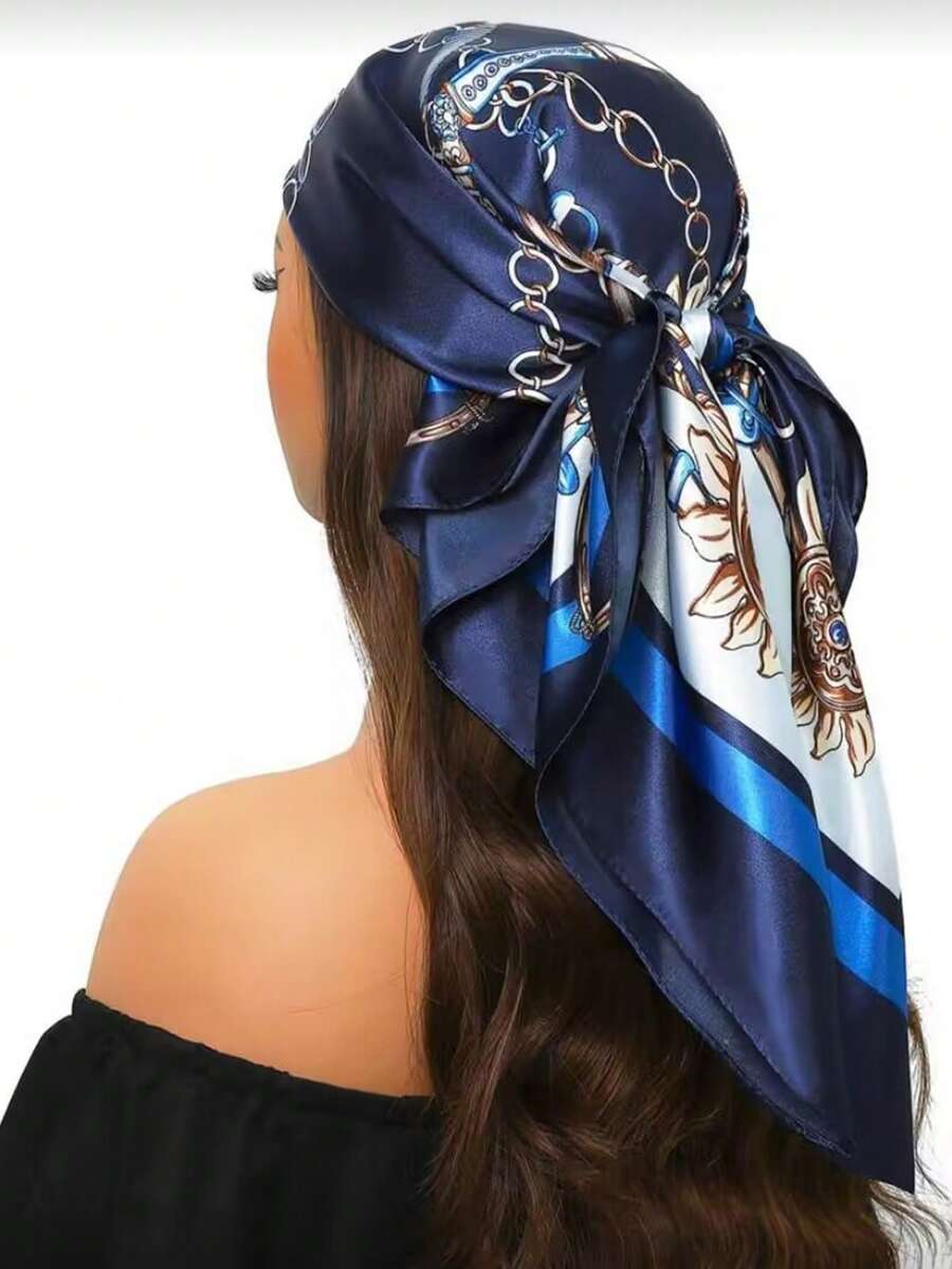 1PC Women's Printed 90cm Square Scarf With Chain, Suitable For Daily Wear, Satin-Like Polyester Soft Bandana Headscarf, All Seasons - Navy Blue - View 1