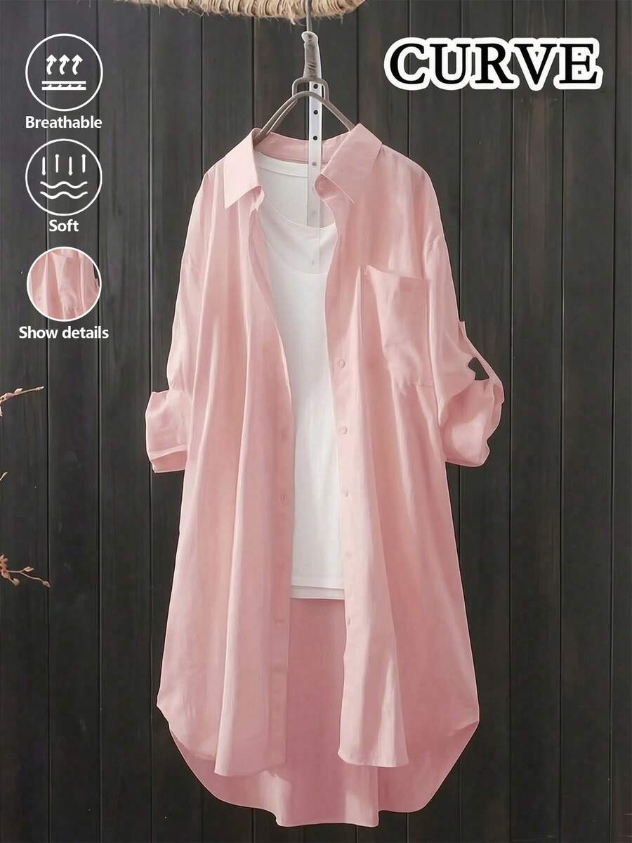 Plus Size Women's Solid Color Long Sleeve Button-Up Shirt Pink Casual - Pink - View 1