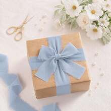 3rolls One Pack,15yard White Chiffon Ribbon, Fringe Fabric Ribbon, Handmade Wedding Bouquets Material, Gift Packaging Materials, Cake Decor Ribbon, Clothing Decor, Wedding Decor, Party Decor, Gift Decor, Bow Decor - Blue Gray - View 3