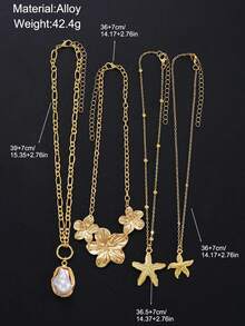 1pc Fashion Versatile Luxury Starfish Flower Faux Pearl Pendant Necklace 4pcs Set Niche Ins Metal Style Flower Choker Luxury High-End - Multicolor - View 5