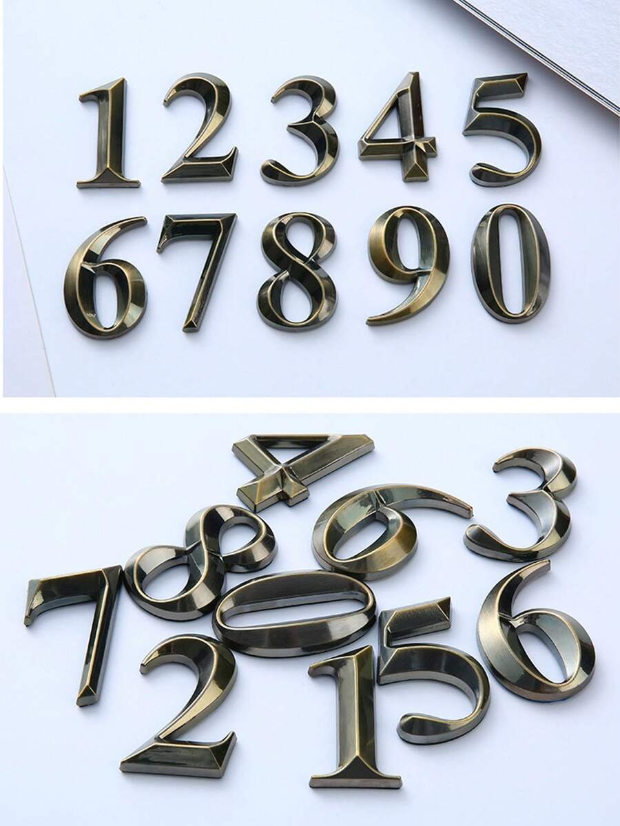 1pc 3D House ABS Digital Letter Classical Retro Copper Geometric Shape Self-Adhesive No-Drill Sunproof Waterproof Number Sign Suitable For American Villa Entrance - House Number - View 1