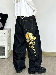 1 pieza Justice Brother Pantalones vaqueros de mezclilla negros con estampado dorado, moda callejera coreana, personalizados con lavado, pierna ancha y holgados, versátiles para todas las estaciones (excluyendo cinturón/accesorios) - Negro - Ver 3