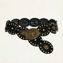 1pc Western Cowgirl Bohemian Style Women's Belt, Black Patchwork Cow Head Design, Suitable For Dresses, Jeans, Loose Shirts, Western Cowboy Outfits, Casual, Gatherings, Parties - Black Bull Head Patchwork Belt - View 7