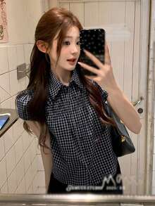 2025新款日系風格女款藍色格紋泡泡袖寬鬆休閒上衣 夏季黑色 - 黑色 - 查看 2