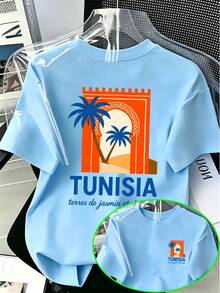 Camiseta estampada de estilo resort norteafricano con temática tunecina. Un diseño exótico que presenta la palabra TUNISIA en su centro, combinado con ilustraciones de arcos rojo-naranja y p - Negro - Ver 9