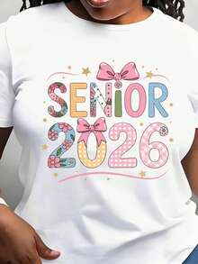 2026 Floral T-Shirt With Pink Bow And Stars. Comfortable For Graduation And Everyday Wear. - 白色 - 查看 1