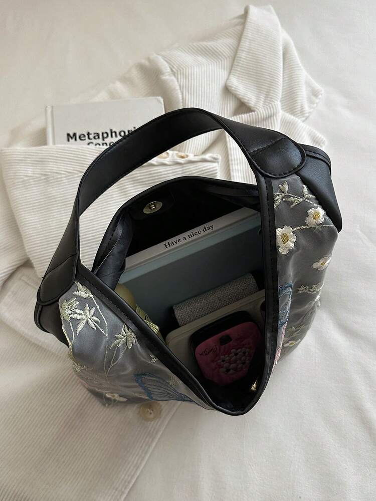 1件黑色PU皮革金屬磁扣花卉刺繡時尚百搭休閒極簡主義夏季新款小眾女款日常用肩背包 - 黑色 - 查看 7