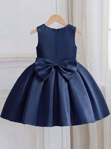 Young Girl Royal Blue Elegant Round Neck Beaded Decor Pleated Bow Tie Satin Short Dress For Birthday Party Celebration Wedding Flower Girl Princess Dress Prom Dress Back To School Graduation Ceremony Banquet Evening Gown - Royal Blue - View 3