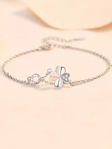 1pc S925 Sterling Silver Romantic Lucky Four-Leaf Clover Double Layer Bracelet, Minimalist Classic Design, Fresh Gentle Elegant High-End Versatile Women's Jewelry, Suitable For Daily Wear Exquisite Fashion Accessory, Perfect Gift - Four-leaf Clover - View 4